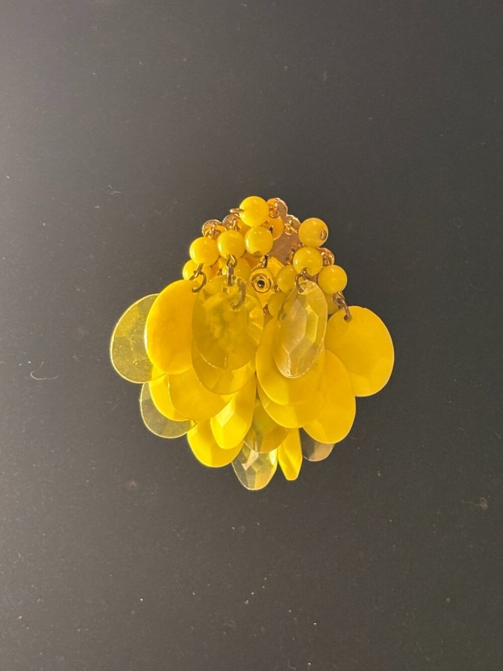 Vintage Yellow Cluster Layered Lucite Discs and Beads Cascading Waterfall Brooch